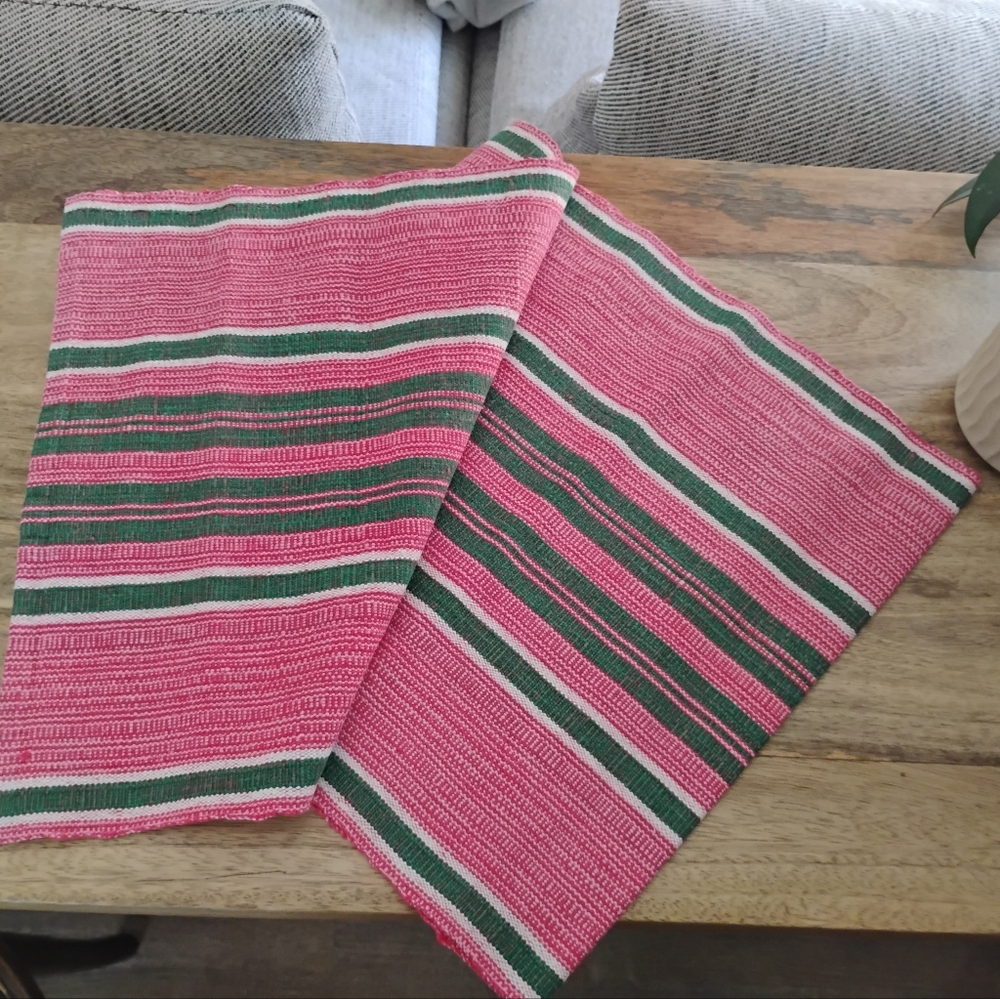 EUC Vintage Scandanavian Table Runner- Pink & Green Stripe